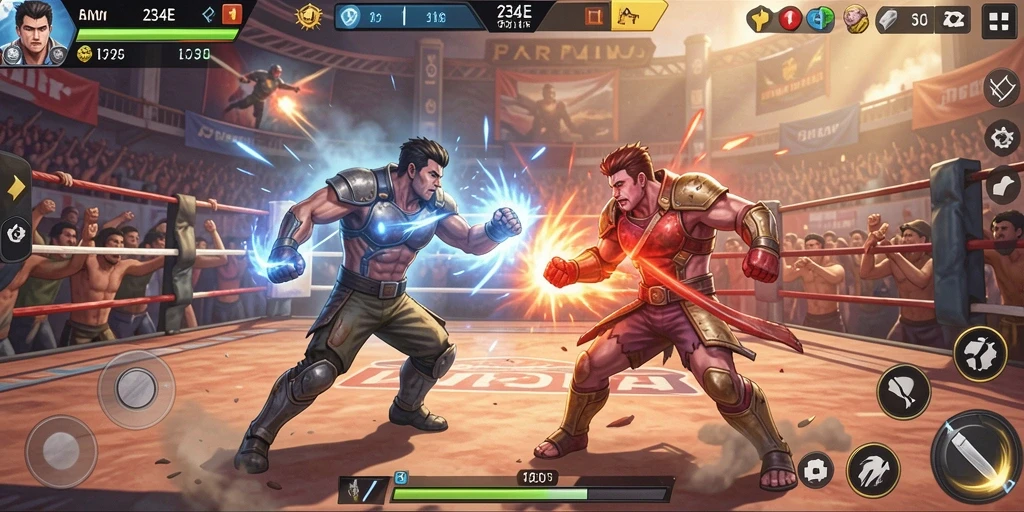 Screenshot gameplay 234E menampilkan pertarungan yang intens dan grafis menawan.