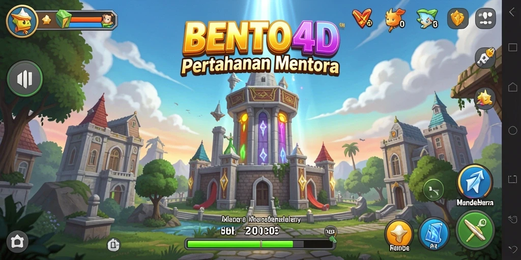 Tangkapan layar gameplay BENTO4D yang menunjukkan aksi Tower Defense yang intens.