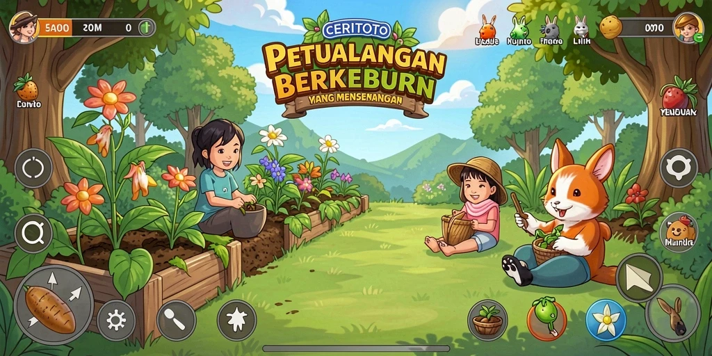 Screenshot CERITOTO menampilkan gameplay berkebun yang menarik dan penuh warna.