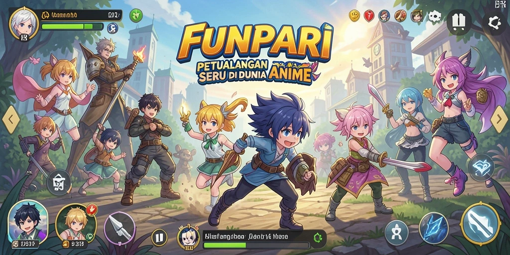 Screenshot gameplay FUNPARI menampilkan karakter anime yang beraksi.