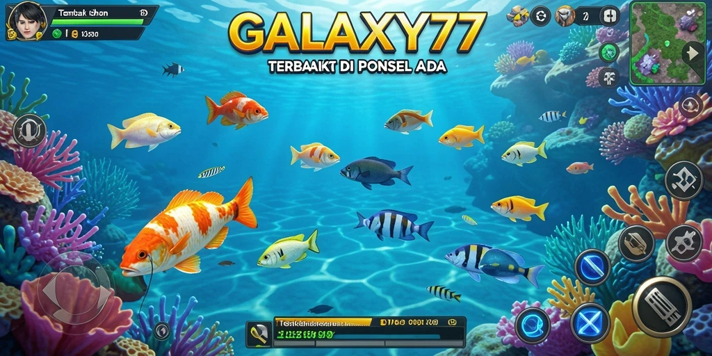 Screenshot gameplay GALAXY77 menampilkan serunya berburu ikan di lautan.
