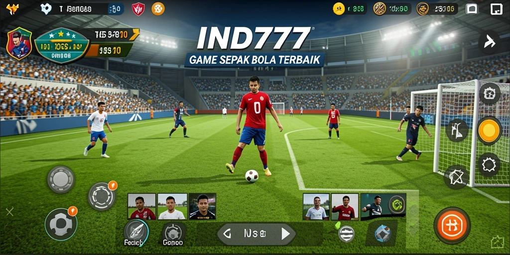 Tampilan gameplay IND777 dengan aksi pertandingan sepak bola yang mendebarkan.