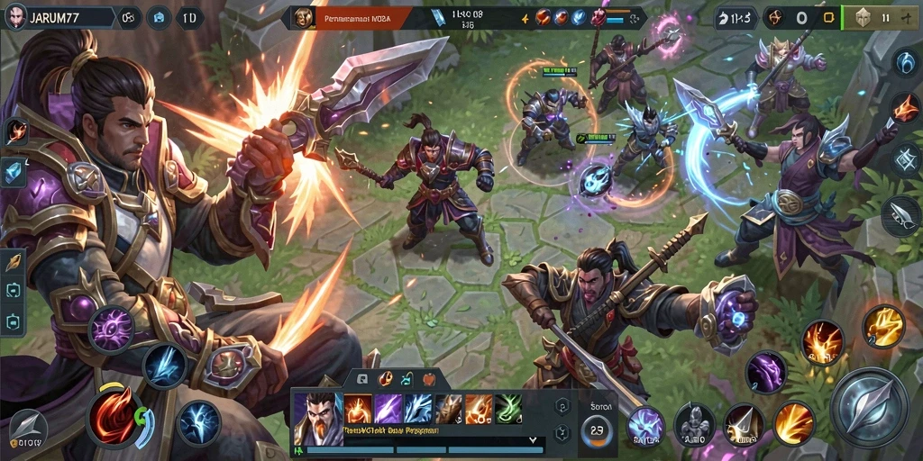 Tangkapan layar dari pertarungan seru di JARUM77 dengan strategi MOBA.