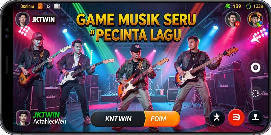 Screenshot utama JKTWIN menampilkan gameplay seru dengan pengguna bernyanyi.