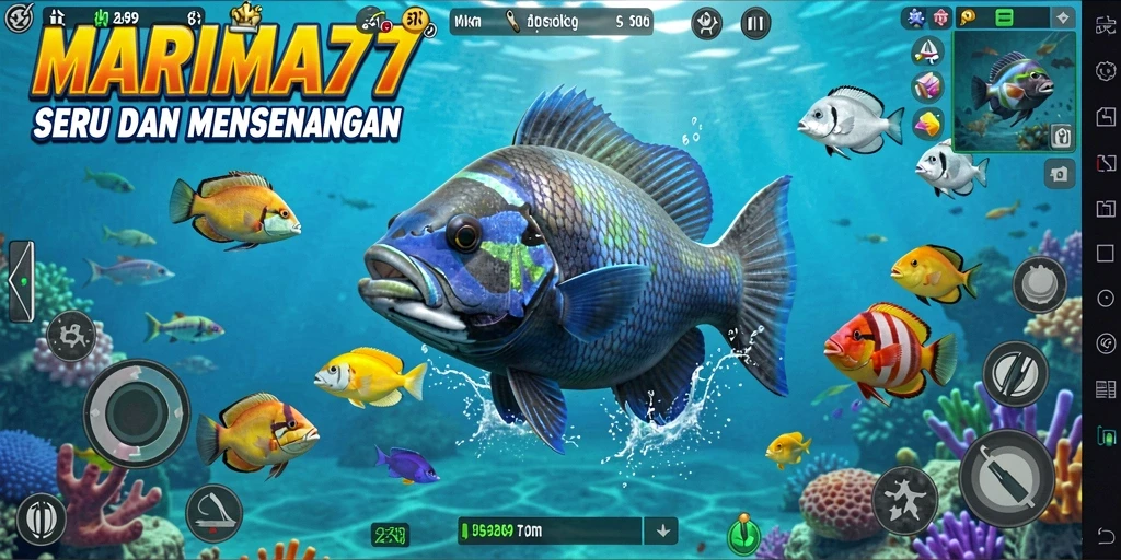 Screenshot gameplay seru dari MARIMA77 menembak ikan.