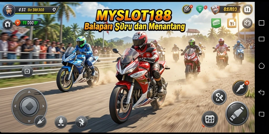 Tampilan gameplay seru MYSLOT188 dengan balapan motor cepat.
