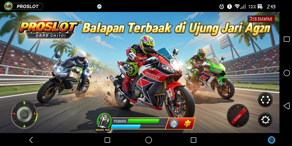 Screenshot gameplay PROSLOT menunjukkan aksi balapan motor yang mendebarkan.