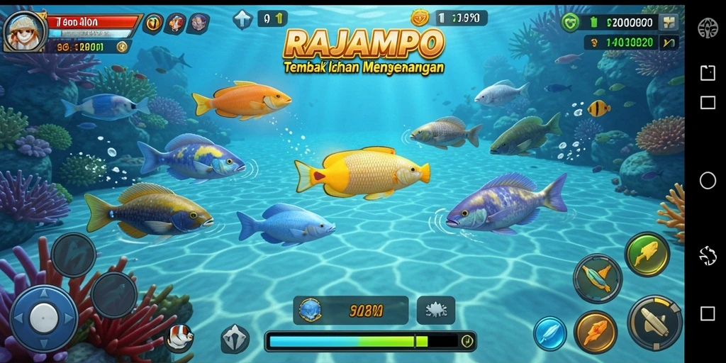 Screenshot gameplay RAJAMPO yang menampilkan aksi Tembak Ikan yang seru.