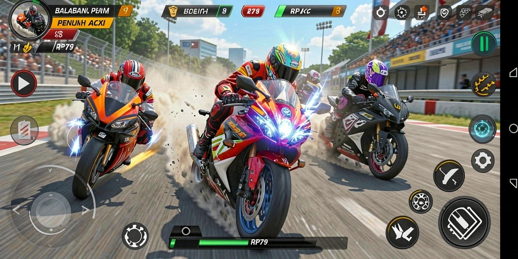 Tampilan menangkap momen balapan motor yang intens dan penuh aksi.