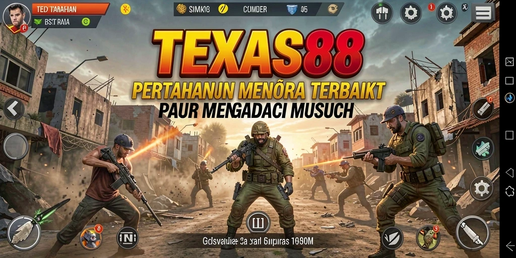 Screenshot utama TEXAS88 menampilkan aksi menara melawan gelombang musuh.